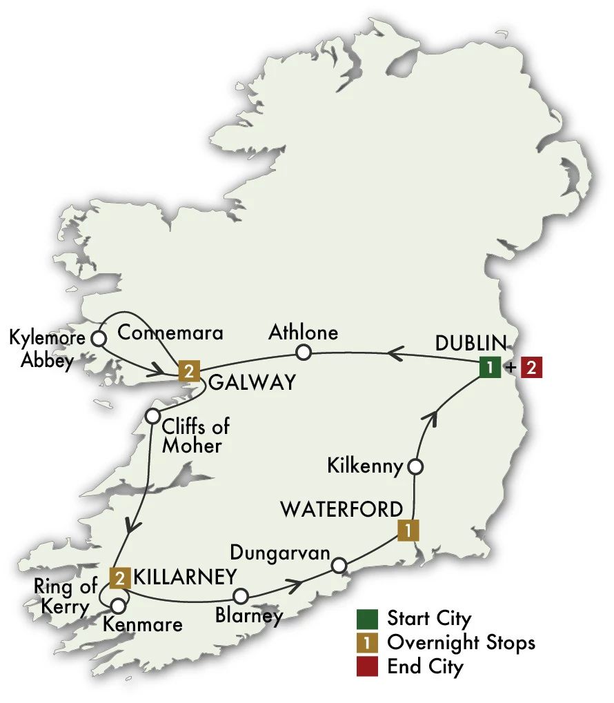 9 Day Irish Gold Itinerary Map