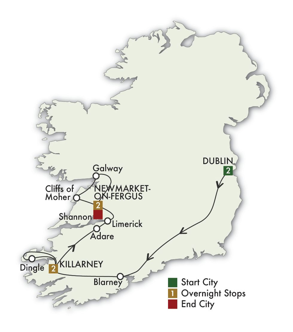 7 Day Best Of Ireland South - Tour B Itinerary Map