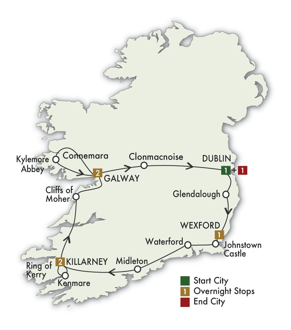 8 Day Irish Spirit Self-Drive Itinerary Map